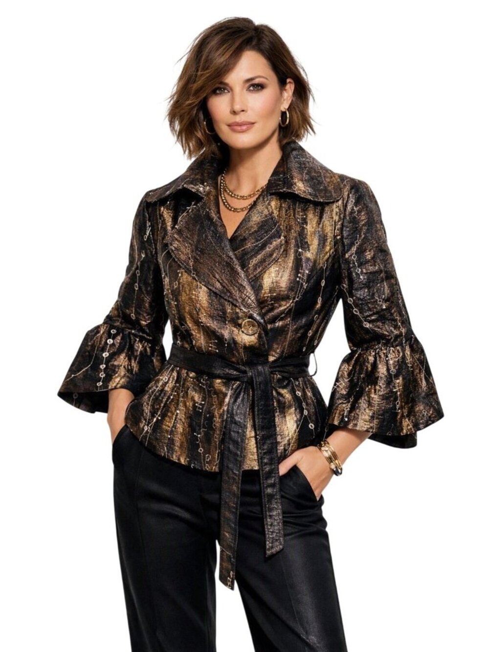 IQ Paris Womens 12 Metallic Bronze Bell Slv Peplum Taffeta Belted Jacket Formal